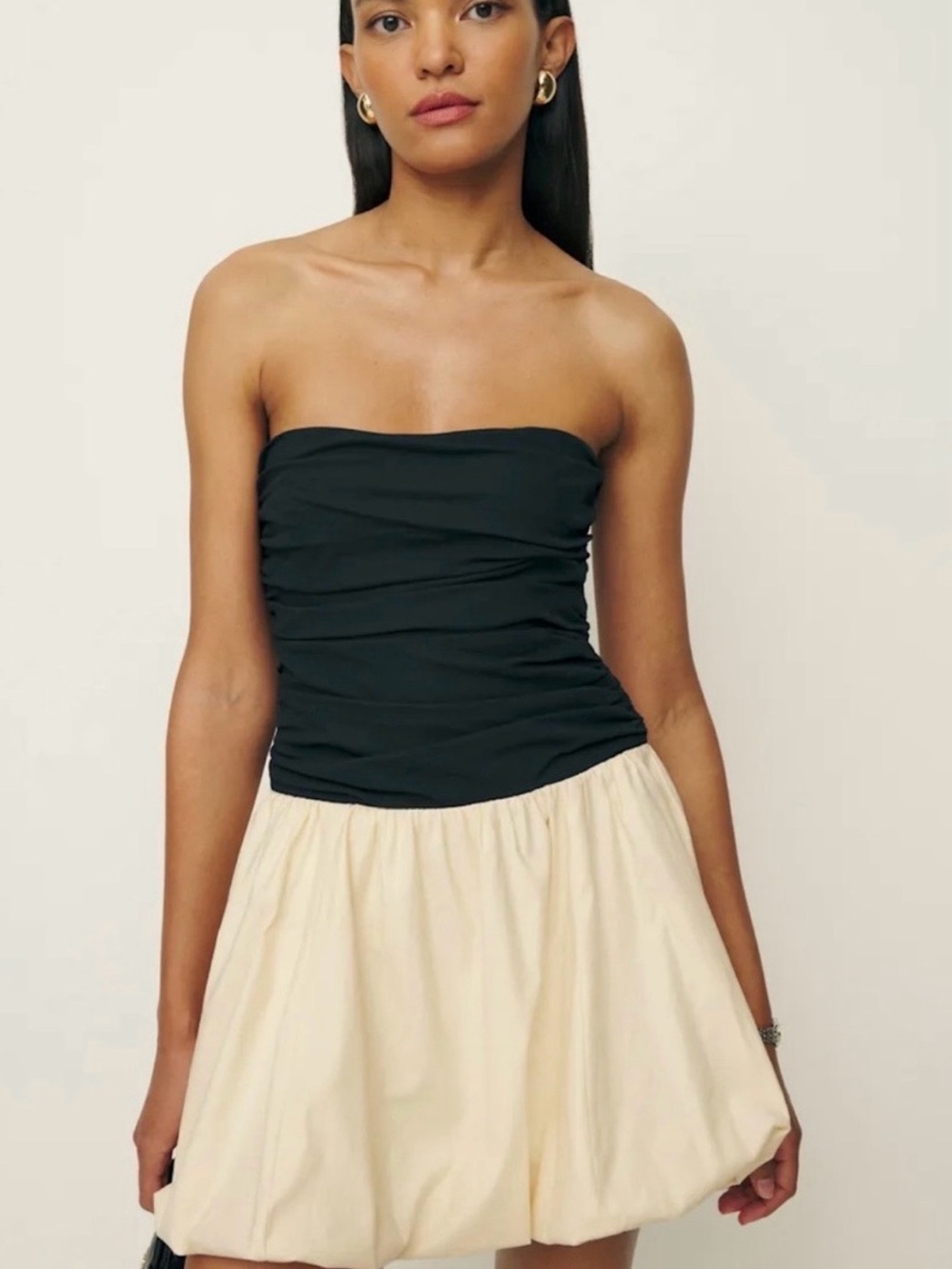 Reformation Clea Strapless Black and Cream Ruched Bodice Mini Dress NWT